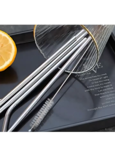 4pcs/set Sedotan Stainless Besi Anti Karat Food Grade Bengkok Melengkung Lurus Sikat Pembersih