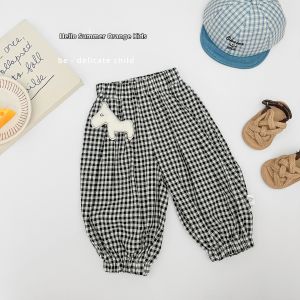 Cute Cartoon Printed Short Sleeve Set For Boys Breathable Thin Top Plaid Pants