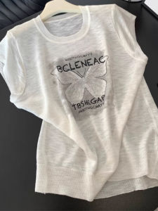 BINKAFENNY | Plus Size Large White Round Neck Printed Knitted Short Sleeve T-Shirt Women Summer Loose Slimming Thin Top Korean Style Commute