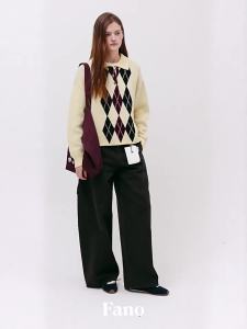 Fano | Áo Sweater Knit Sơ Mi cổ Polo Mô Hình Bảng Vàng Phong Cách Học Đường Cổ Điển