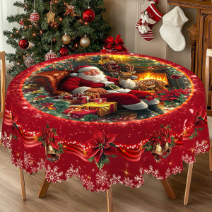 1 Piece of Red Merry Christmas Themed Printed Tablecloth Retro Country Farmhouse Style Santa Claus Christmas Flower Pattern Design for Christmas New Year Party Party Decoration Kitchen Accessories Room and Outdoor Decoration Gift for Friends