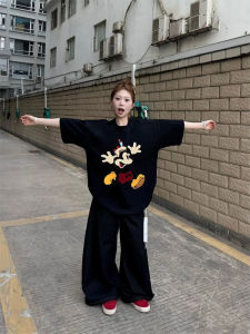Black Mickey Print Vintage Loose Tee