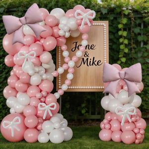 111Pcs Pink Bow Balloon Garland Arch Set Featuring Long Balloon DIY Bow Shapes for Girls Birthdays Weddings Bridal Showers Gender Reveal Parties and Anniversaries