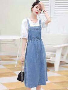 2025 New Korean Style Denim Overalls Womens Summer Midi Dress High Waist A-Line Skirt Mid-Sleeve Drawstring Pocket Gown