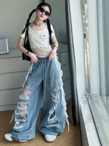 American Style Hole Denim Shorts Sleeves Jazz Dance Childrens Street Show Costume Cool Mesh Fringe Girls Performance Outfit