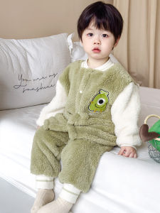 Thickened Flannel Home Clothes Set for Baby Girls Boys Children Coral Fleece Pajamas Warmth Comfortable Long Sleeve round Neck Single Button