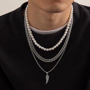 3Pcs/Set Punk Imitation-Pearl Cuban Thick Chunky Chain Necklace Goth Box Link Wings Pendant Choker Grunge Jewelry Steampunk Men