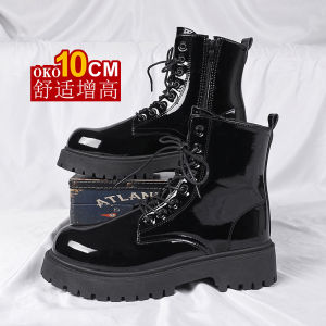 Black Martin Boots 12cm Heightening Mens Genuine Leather Motorcycle Cos Comic Show UK Style Invisible Heightening Work Boot