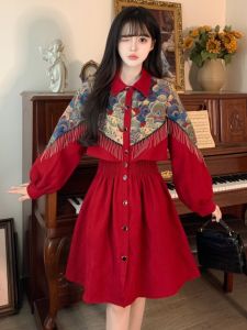 Retro Style Long Sleeve Shirt Dress Red Tassel Trim Large Size Fashionable Slimming Autumn Winter Polo Collar Fake Two-Piece Design