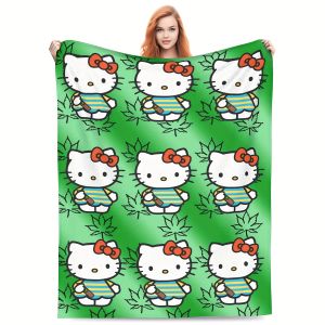 Sanrio | Hello Kitty Green Throw Blanket Single Sided 2D Print Flannel Blanket Bedroom Living Room Couch Decor Fun Trendy Accessory Gift