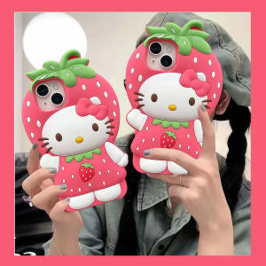 INS 3D Cute Strawberry Hello Kitty Phone Case For iPhone 17 16 15 14 13 12 Pro Max 17Pro Air iPhone 11 Soft Silicone Phone Cover