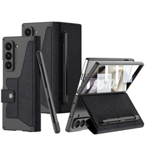 For Samsung Galaxy Z Fold 6 ZFold6 Plating Leather Bracket With Tempered Glass Film Folding Shockproof Cover With Stylus S-Pen Slot Can be Detachable Stand Original Wallet Leather Phone Case For Samsung Galaxy Z Fold 6 Fold6 Solid Color Skin Feel Case