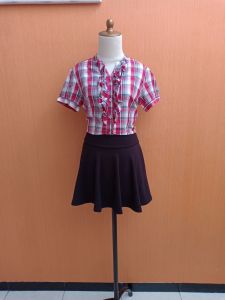 atasan kemeja wanita kotak merah hitam HUSH PUPPIES cewek M lengan pendek MEWAH