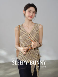 Vintage Style Wrap V-Neck Gingham Irregular Sleeveless Summer Blouse