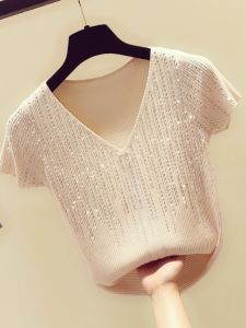 Brand Discount Womens Clothing Brand Counter Withdraw Big Sale Fashionable Short Sleeve Summer V-neck Diamond-Embedded Ice Silk Knitting Tops Female Fashion