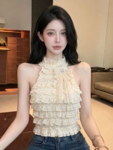 GUZILIAN | Chic Embellished Lace Halterneck Vest Top Short