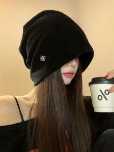 Metal Letters Small Label Black Pile Heap Cap Womens Autumn and Winter Wild Big Head Circumference Beanie Hat Small Face Pullover Head-Wrapping Hat