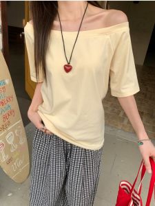 Áo Thun Tay Ngắn Hở Vai Thường Ngày Mùa Hè Cho Nữ Phong Cách Lười Biếng Thời Trang Bên Trong Cổ Chéo Áo Thun Cotton