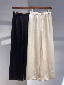 กางเกงขายาวทรงตรงเอวสูงผ้าไหม Acetate สำหรับผู้หญิง กางเกงขายาวทรงหลวมสบาย ๆ ทรงสลิมฟิต กางเกงขายาวทรงสลิมฟิตสำหรับฤดูร้อน