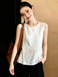 SHUAIYUE | Áo Nữ Vintage Đơn Giản Sang Trọng Thêu Trắng Không T Tay Ôm Dáng Đa Năng