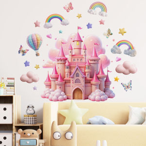 Magical Princess Castle Wall Decals 3D Pink Rainbow Clouds Butterflies Wall Stickers Removable Peel and Stick Nursery Decor