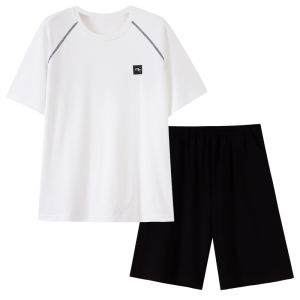 miiow | Mens Summer Sleepwear Set Pure Cotton Cool Feeling Casual Thin Short Sleeve Shorts Large Size Home Clothes MiiOW Cat Person