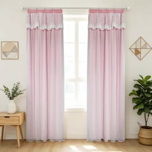 Pink Double Layer Curtains 2 Panels Pinch Pleat Tape Polka Dot Lace Sheer Light Blocking Drapes