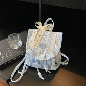 Blue Lace Plaid Womens Backpack Commuter School Bag Sweet Edge 2025 New Style Korean Series Soft Handle Casual Daily Bag