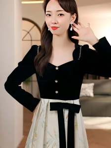 New Chinese Style High Waist A-Line Dress Womens Fashion Unique Beautiful Butterfly Knot Long Skirt Autumn Season Long Sleeve