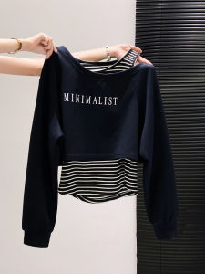 LUOSHAO | Sloping Shoulder Striped Patchwork Long Sleeve T-shirt Set for Autumn and Early Winter