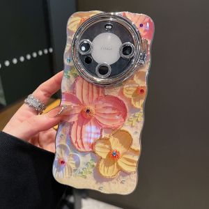 Elegant Advanced Oil Painting Petal Huawei Mate70 pro Full Cover Sparkling Lens Film Stand Protective Case Apple 16 pro Max Compatible