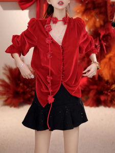 SHUAIYUE | Elegant Loose French Red Bell Sleeve Floral Ribbon Shirt