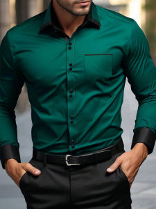 Áo Sơ Mi Nam Dáng Ôm Phong Cách Anh Tay Dài Chất Liệu Polyester Pha Elastane Cổ Điển Hai Hàng Khuy Mở Rộng Toàn Bộ.