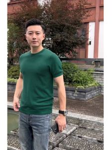 Summer Thin Ice Silk Elastic Knitted T-Shirt Short Sleeve Mens Slim Fit Half Sleeve Overhead Shirt Fashionable Urban Style round Neck Pure Color