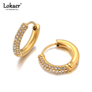 Lokaer Fashion 316L Stainless Steel Rhinestone Hoop Earrings 18K PVD Gold Plated Handmade Daily Jewelry for Women Girls E24216