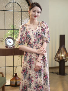 Elegant Floral Print V-Neck Long Dress Slimming Summer New Arrival French Style Pink Polka Dot Womens Dress Polyester Fiber