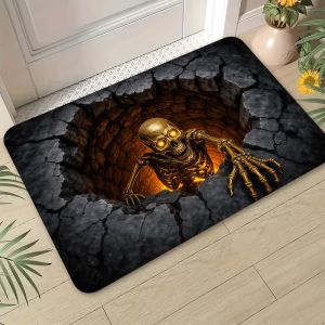 VIKAMA 3D Optical Illusion Gold Skull Halloween Doormat Non-Slip Entry Rug Front Door Spooky Home Decor