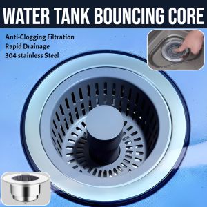 Water Tank Bouncing Core Kitchen Sink Strainer Bounce Core Stainless Steel Drain Cap Detachable Drain Basket