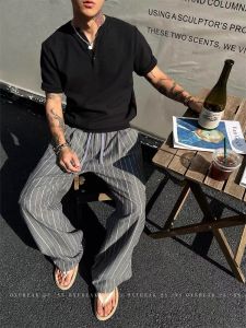 Retro Woven Texture Color Block Casual Pants Mens Loose Fit Straight Leg Drawstring Trousers CleanFit Style All Season Use