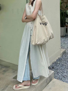 French Lazy Style Long Single Button Sleeveless Vest Dress Women Summer New Korean Loose Pleated Cover Shirt A-Line Skirt