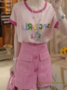 Shalldoer | Summer Outfit Womens New 2025 Fashion Colorful Letter Embroidery Contrast Short Sleeve T-Shirt Pink Shorts Two-Piece Set