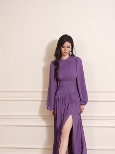 Elegant Purple Long Sleeve Lace Cutout Design Dress