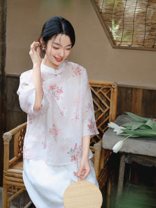 Finn Miss New Chinese Style  Silk Print Shirt Vintage Button Side Floral Top Loose Fit Regular Sleeve Length Stand Collar