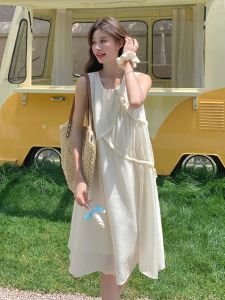 Milk White Sleeveless Vest Dress Womens Summer New Small Size Wooden Edge Sweet Mid-Length Vest Skirt Fashionable Commute