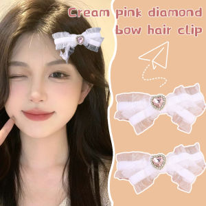 Cream Pink Diamond Bow Hairpin Women Girls Sweet Ruffle Duckbill Clip Korean Simple Side Bangs Barrette Fashion Headwear Hair Accessories