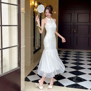 Impression Fashion Women Elegant Lace Jacquard Floral Halter Sleeveless Tunic Bodycon Fishtail Long Formal Wedding Dress