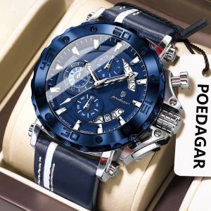 POEDAGAR Genuine Mens Watch Leather Strap Luminous Calendar Chronograph Multifunctional 100% Waterproof Quartz Watch 892