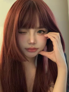 Princess Cut Wig Female Long Hair Red Natural Simulation Human Hair One-Size-Fits-One Cut Full-Head Wig Japanese Style Jellyfish Head Wig Sheath