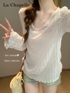 La Chapelle | Korean Style Large Neckline Summer Thin Transparent V-Neck Wooden Ear Hem T-Shirt