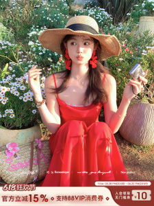 Acaine Red Midi Wrap Dress Womens Summer French Vintage Elegant High Waist Cotton Halter Dress A-Line Skirt Single Piece